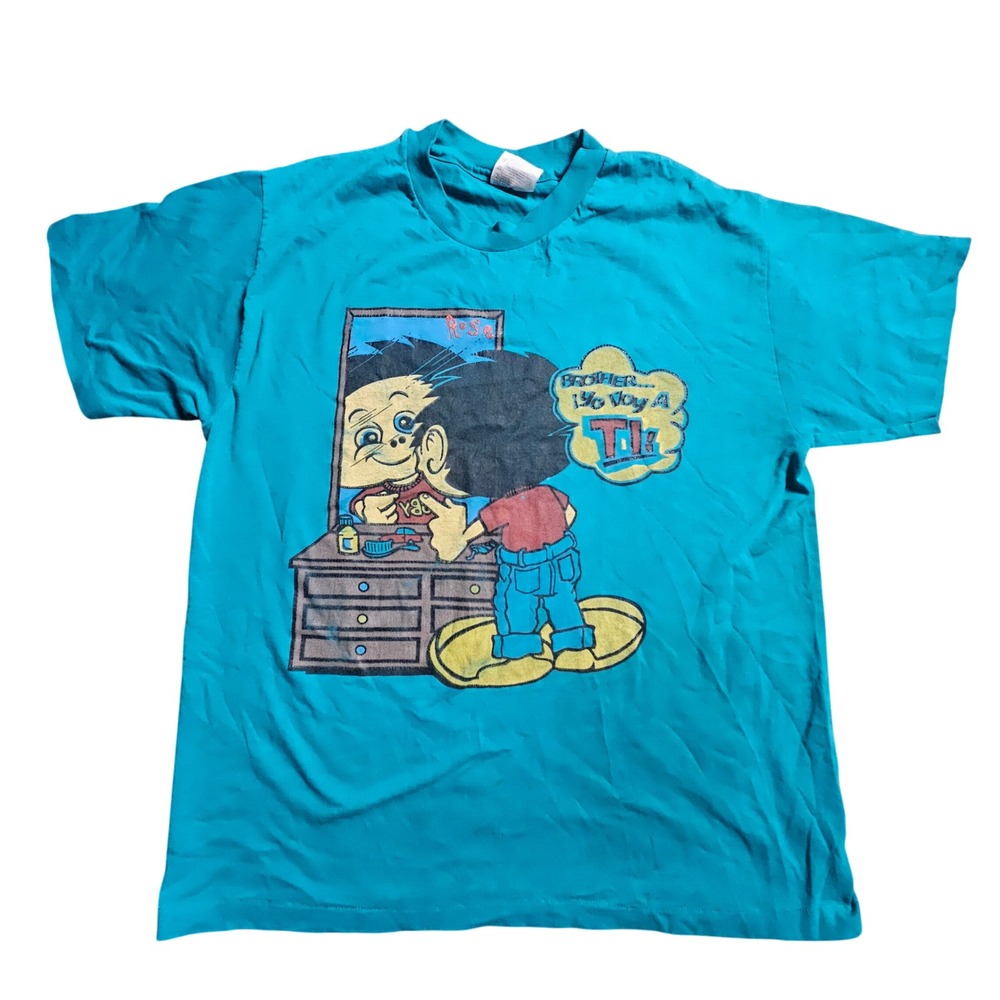 Vintage 90s Brother Yo Voy A Ti Graphic T-Shirt L Heavyweight 50/50 Teal Hanes